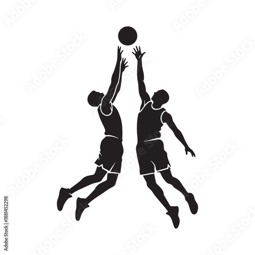 Two basketball players jumping for a tip-off in a competitive game match, vector illustration