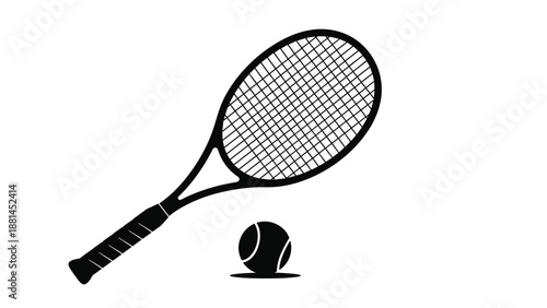Detailed black and white silhouette of a single tennis racket and ball isolated on a plain white background for sports.