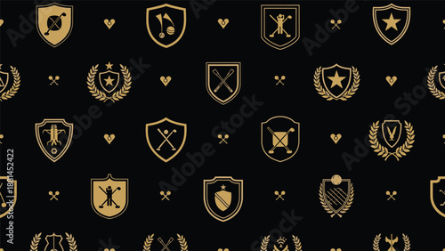 Seamless pattern with various golf club logos and emblems in gold over a black background for luxury branding.