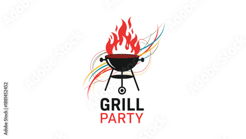 Grill party logo with a black charcoal barbecue kettle and red flames rising above colorful wavy lines on a white background.