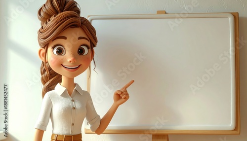 Animated Teacher Character Pointing at Whiteboard in Classroom Setting.