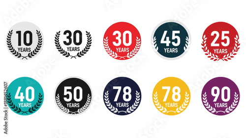 Set of colorful anniversary and year milestone labels with numbers from 10 to 90 inside circular frames with laurel wreaths.