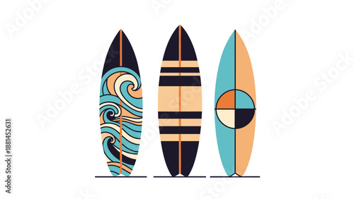 Set of three decorative surfboards with different artistic patterns and color schemes including waves and geometric shapes.