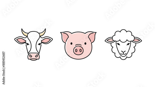 Minimalist animal head icons of a cow, a pig, and a sheep arranged horizontally on a clean white background.
