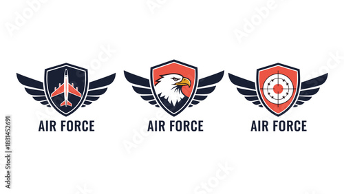Set of three Air Force logo badges featuring an airplane, an eagle head, and a target within shield shapes and wings.