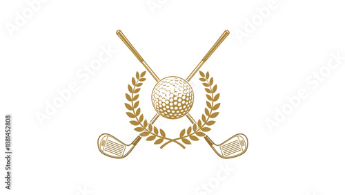 Vintage style gold golf emblem featuring crossed clubs, a dimpled golf ball, and a decorative laurel wreath border.