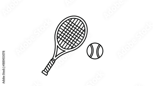 Simple black line art illustration of a tennis racket and a tennis ball on a clean white background.