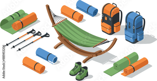Camping equipment set with hammock backpacks sleeping mats hiking poles outdoor adventure travel gear illustration