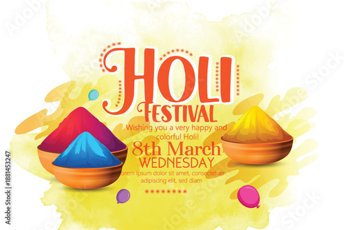 Holi festival scene featuring bowls of colored powder in pink, blue, and purple with watercolor accents. Joyful, energetic mood perfect for celebrations, color, unity, and cultural tradition imagery.