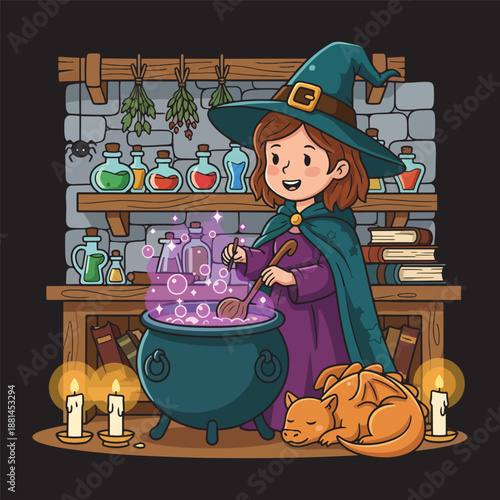 Cute little witch girl brewing purple magic potion in a cauldron with her orange cat vector illustration.