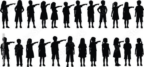 Children silhouettes pointing direction set kids standing gesture pose education behavior illustration isolated black figures