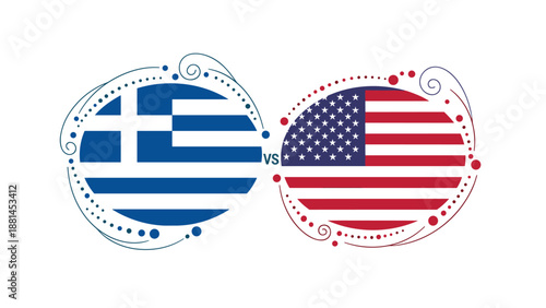 Conceptual illustration for a sports or political match featuring the flags of Greece and the United States in circles.