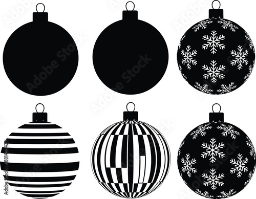 Christmas baubles silhouettes set holiday ornaments decoration winter celebration black white vector illustration collection