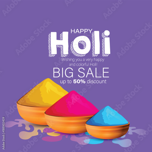 Holi festival scene featuring bowls of colored powder in pink, blue, and purple with watercolor accents. Joyful, energetic mood perfect for celebrations, color, unity, and cultural tradition imagery.