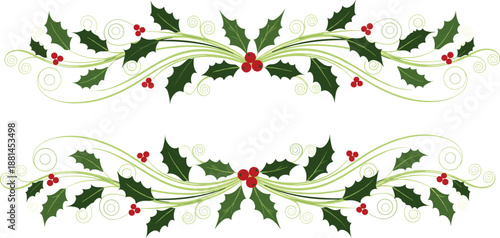 Christmas holly border decoration with green leaves red berries festive winter holiday ornamental frame illustration