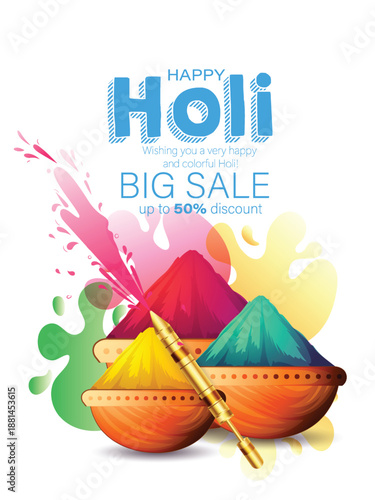 Holi festival scene featuring bowls of colored powder in pink, blue, and purple with watercolor accents. Joyful, energetic mood perfect for celebrations, color, unity, and cultural tradition imagery.