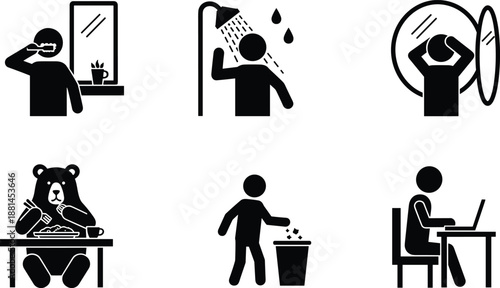 Daily routine icons set showing hygiene work study eating cleaning activities black silhouette vector illustration simple lifestyle pictogram symbols collection