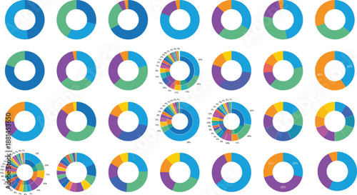 Vibrant multicolored donut charts arranged in a grid pattern on a white background with varying levels of color distribution