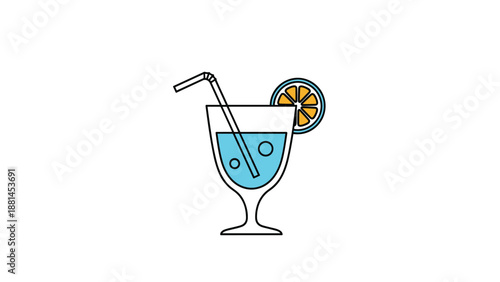 Colorful illustration of a tropical cocktail glass with a straw and an orange slice garnish on a white background.
