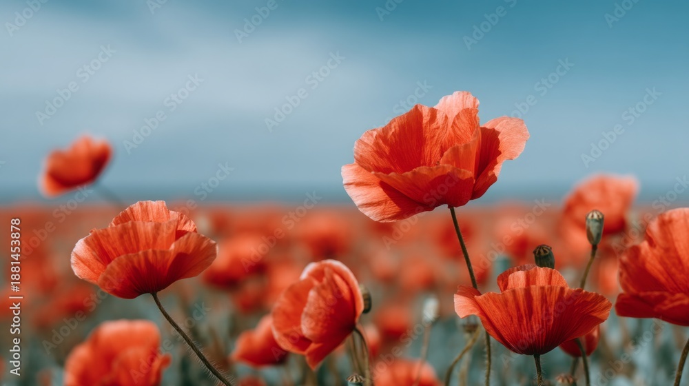 Naklejka premium A field of red flowers with a blue sky in the background