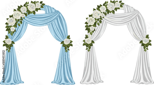 Elegant wedding arch decoration with floral arrangements and draped fabric curtains isolated flat vector illustration set design