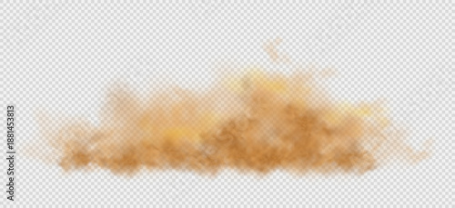Dust, sand and smoke create a dense desert cloud with a strong dirt effect. Brown flying particles scatter in air forming a dusty background texture, abstract sandstorm overlay isolated on transparent