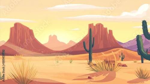 Desert valley landscape with saguaro cactus and distant mountain in animated illustration. Wild west animated background.