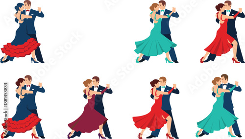 Elegant ballroom dance couples performing tango and waltz poses in colorful dresses isolated flat vector illustration set
