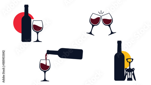 Collection of four wine-themed icons featuring bottle silhouettes, pouring wine, and clinking glasses for a toast.