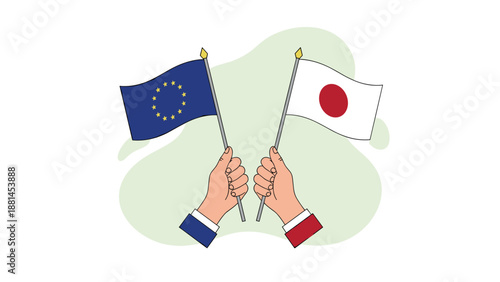 Illustration of two hands holding the European Union and Japan flags crossed together symbolising international cooperation and diplomacy.