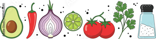 Fresh vegetables and spices illustration set with avocado chili onion lime tomato herbs salt, healthy cooking ingredients vector design
