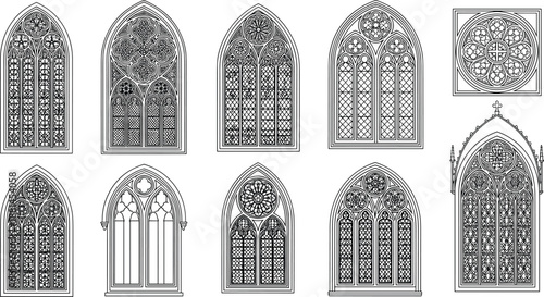 Gothic cathedral window silhouettes ornate church architecture stained glass medieval religious design elements illustration set