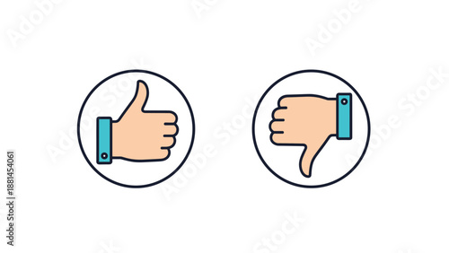 Colorful line art icons of thumbs up and thumbs down in circles representing feedback, rating, social media interaction, and approval.