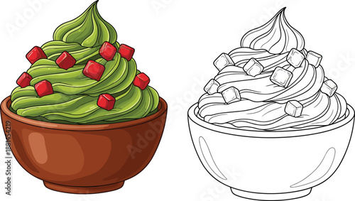Matcha ice cream dessert in bowl with toppings colored and outline illustration sweet food concept