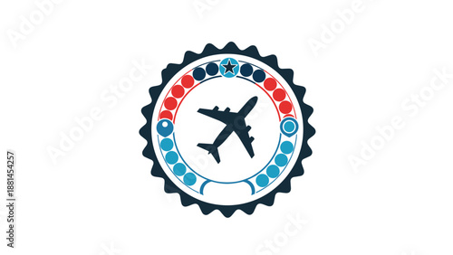 Decorative travel emblem featuring a black airplane silhouette inside a colorful circular badge with stars and location markers.