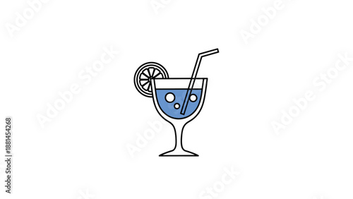 Simple line art illustration of a refreshing blue cocktail in a glass garnished with a lemon slice and a drinking straw.
