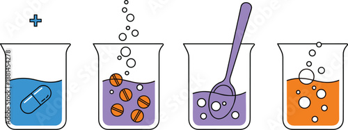 Medical laboratory beakers with pills and capsules, pharmaceutical experiment concept, flat vector illustration, healthcare chemistry research process design