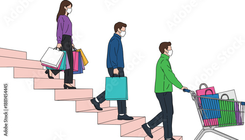 People shopping sequence illustration showing woman and men walking with bags and trolley isolated flat vector design
