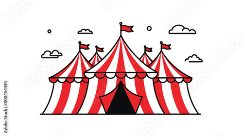 Classic big top circus tent with red and white stripes and flags under a cloudy sky illustrated in a clean line art style.