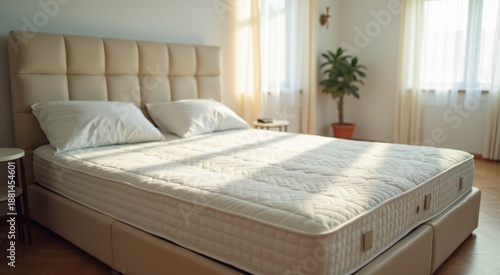 Bed with a white mattress and pillows in a room