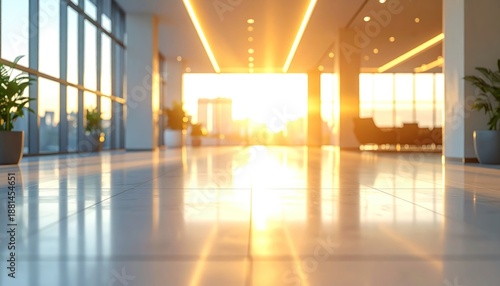 Bright and Modern Lobby with Polished Floors and Natural Light.