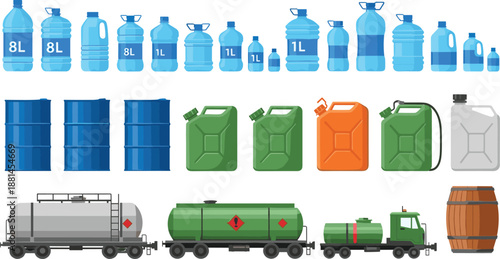 Plastic water bottles fuel containers oil barrels tanker trucks industrial packaging set isolated flat vector illustration design collection infographic concept
