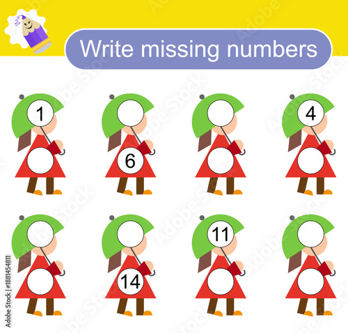 Math activity for children. Activity page for preschoolers. Cartoon girl.