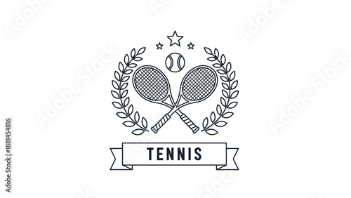 Detailed line art badge for a tennis club featuring crossed rackets, a ball, laurel wreath, and stars for sports branding.