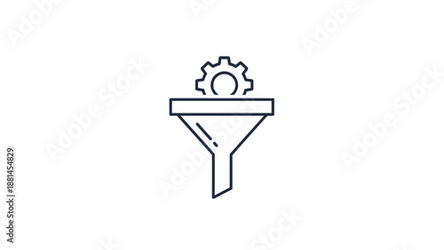 Technical line art icon of a gear being filtered through a funnel representing industrial processing and data management.