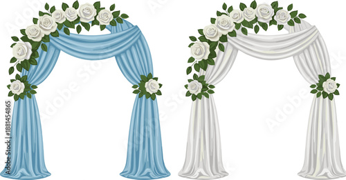 Wedding floral arch with draped fabric and white roses elegant ceremony decoration romantic event illustration set