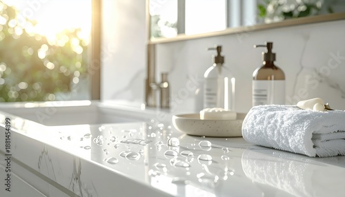 Bright Bathroom Countertop with Soap and Towel.