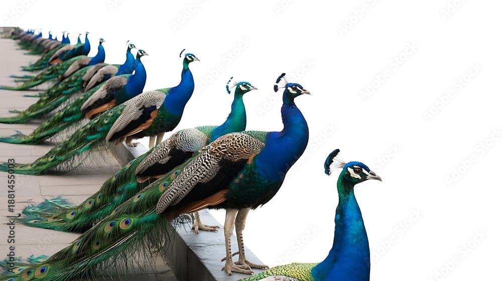 Fototapeta premium Line of vibrant peacocks standing on ledge with symmetrical posture and ornate tail feathers against white background