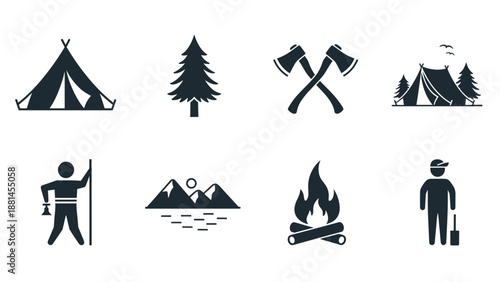 Set of eight black camping and outdoor activity icons including tent trees campfire hiker and mountain landscape.