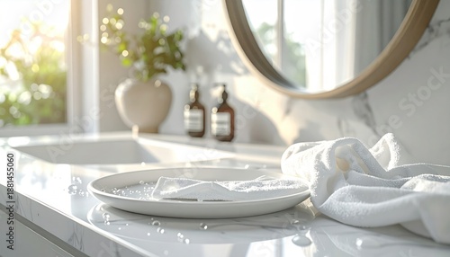 Bright Bathroom Vanity with White Towel and Accessories.